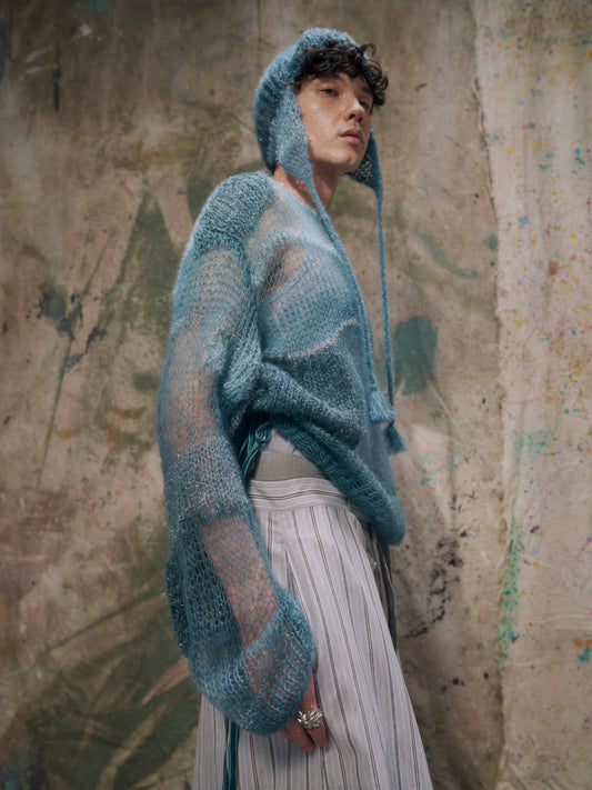 Patchwork-Look Knit Blue【Delivery in February 2027】